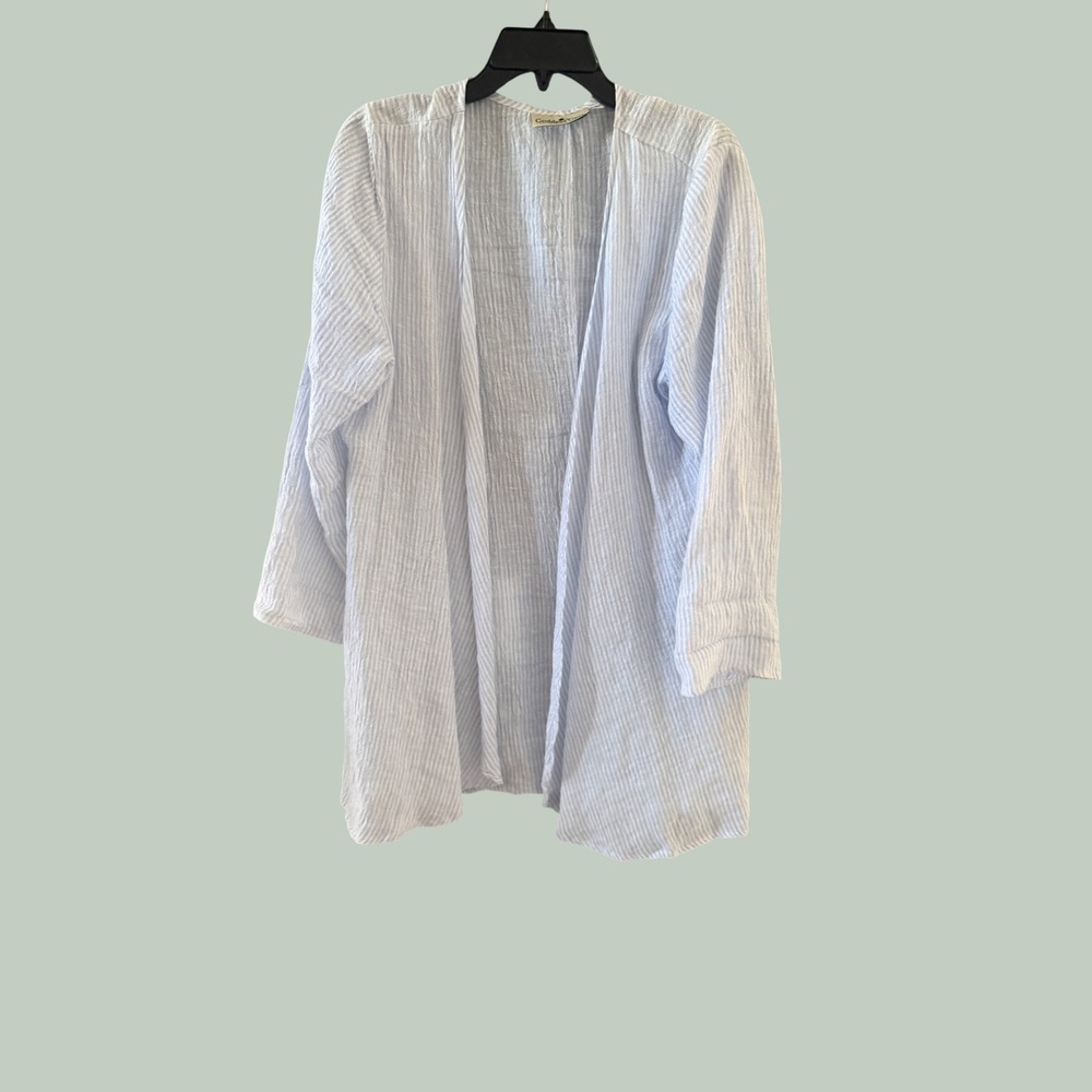 Goddess Gear Women XL Organic‎ Linen Striped Open Front Cardigan Blue White USA